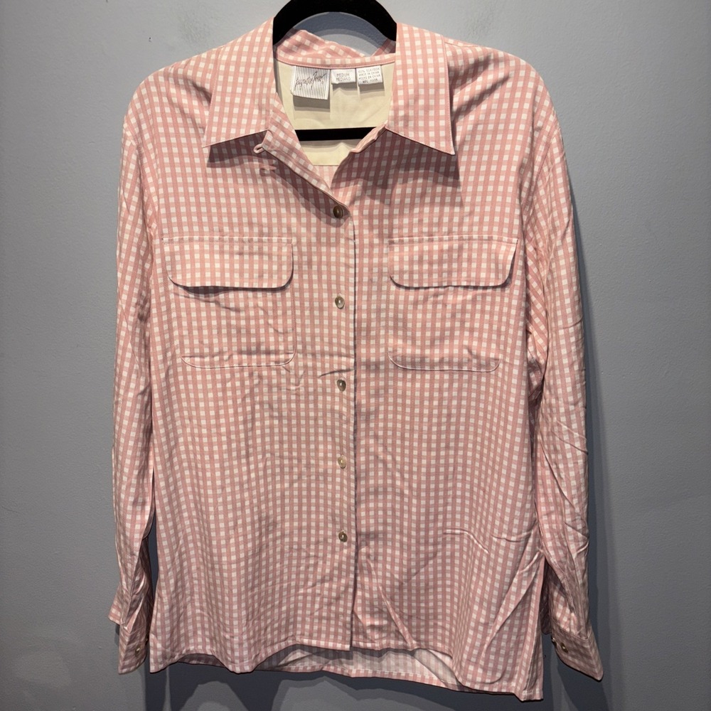 Jacqueline Ferrar Women's Silk Pink Gingham Button-Up Long Sleeve Blouse‎ SzM
